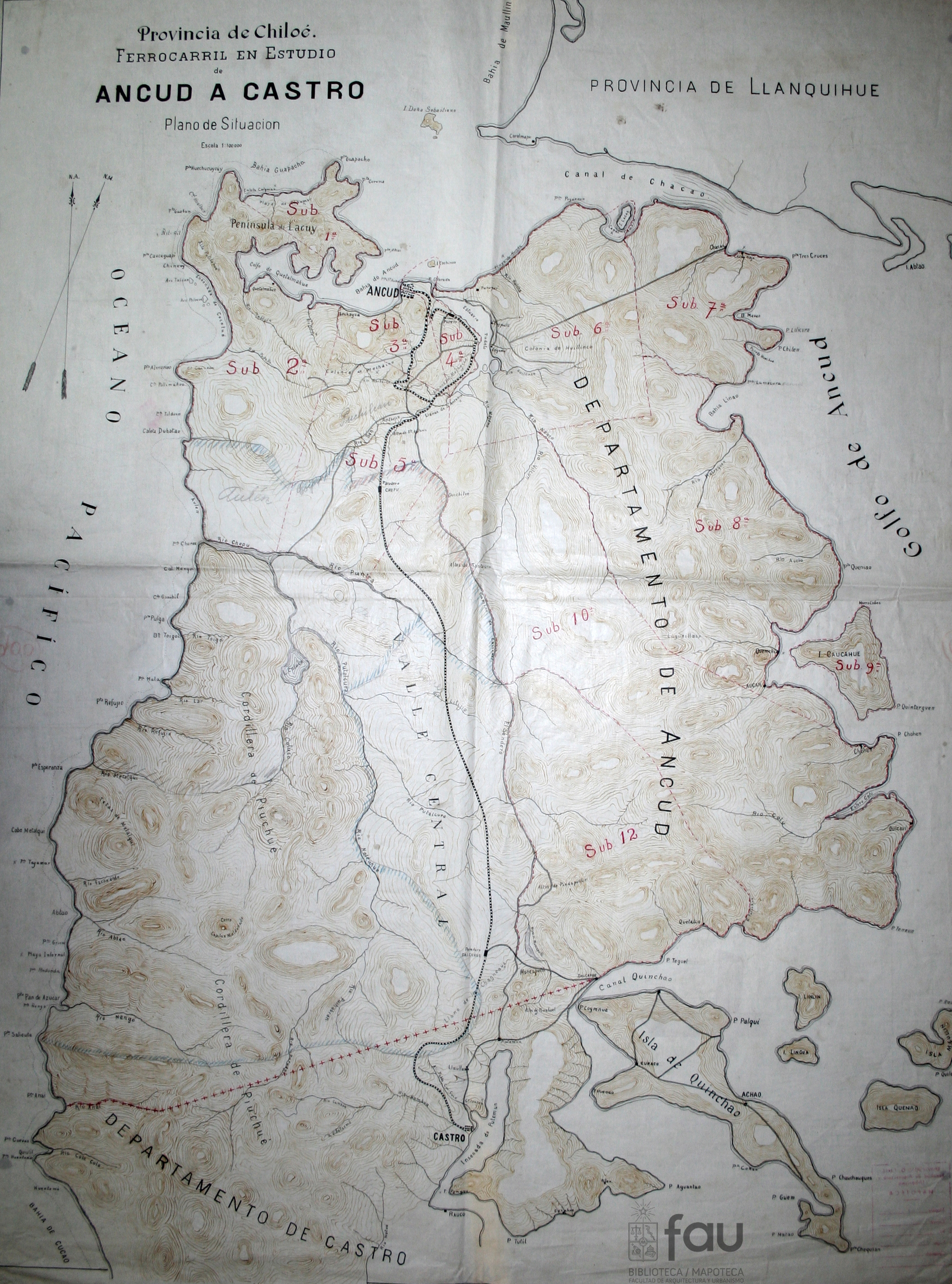 Provincia de Chiloé. Ferrocarril en estudio de Ancud a Castro. Plano de situación